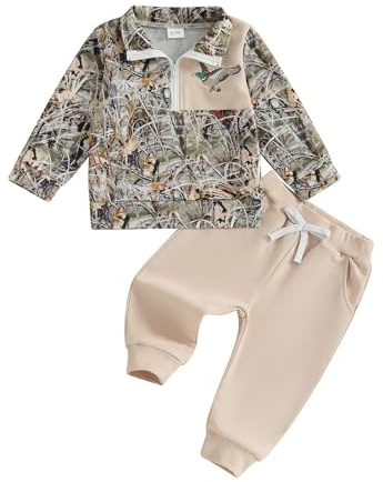 Carolilly - Conjunto de 2 piezas, sudadera con media cremallera con diseño de camuflaje y bordado de pato + pantalones surtidos, traje de caza, caqui, 12-18 Meses