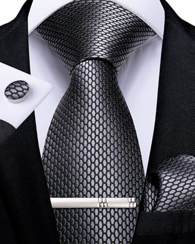 DiBanGu Herren Krawatte Set Seide Gestreift Karierte Krawatte mit Einstecktuch Manschettenknöpfe Krawattenklammer Set für Hochzeit Formell
