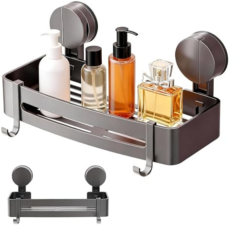 Zimoer Estanteria Baño con Ventosa Montada en la Pared, Acero Inoxidable, Estanteria Ducha sin Taladro, Organizador BBaño con 2 Ganchos, Estante de Ducha sin Taladrar, Cesta de Ducha, Gris Negruzco