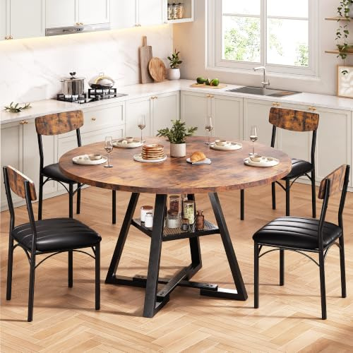Jocoevol Runder Esstisch und 4 Esszimmerstühle Set, Essgruppe 5-Teilig, Esszimmertisch mit Ablage und 4 stühle für Küche, Wohnzimmer, Balkon, Restaurant, Büro (Vintage Braun, 107x107x76cm)