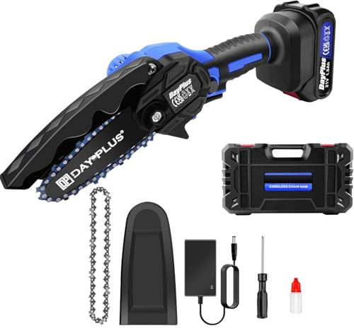 Akku-Kettensäge 6 Zoll, kabellose Mini-Kettensäge mit Kette und Tasche, tragbare elektrische Handsäge für Baumschnitt, Astschneiden und Gartenarbeit mit 1 Batterie Blau
