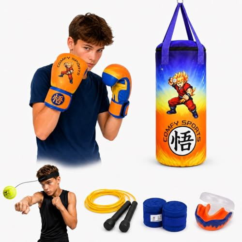 Comfy Kids - Sacco da boxe con guantoni da boxe, set per allenamento MMA, Muay Thai e karate, da appendere per ragazzi e ragazze (giallo/blu, con guanti taglia 113,4 g)