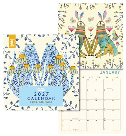 Good Tuesday 2027 Wall Calendar | Folk Animals by Ashley Percival | 30x60cm | Large Month to View Planner | Marked UK & US Holidays | Week Numbers and Moon Phases | UK Made | For Home, Office or School
