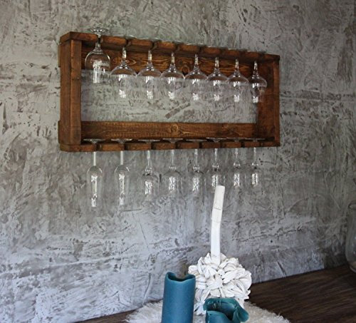 Estantería para Copas de Vino de Madera Maciza - Color: Marrón - Dimensiones (Al x An x Fo): 35 cm x 90 cm x 12 cm - Estantería para Copas de Vino y champán Vintage a Juego