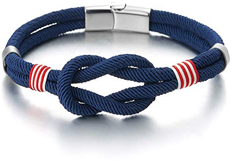 COOLSTEELANDBEYOND Bracelets de l'amitié - Noeud Nautique Marin Bleu Marin Coton Sangles Bracelet Pour Hommes Femmes - Fermoir Acier