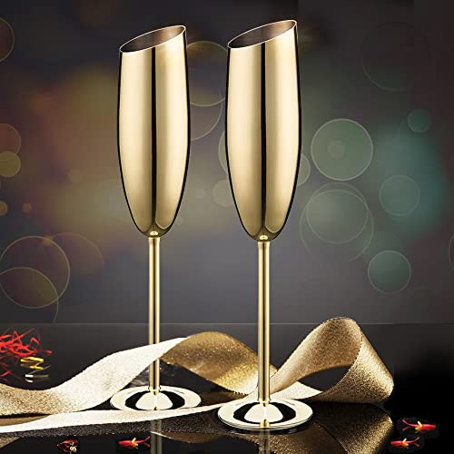 Elegant Gold Stainless Steel Champagne Flutes for Celebration Toasting Birthday Anniversary Bride Groom Mr Mrs Wedding Party,Stemed Slanted Unbreakable Champagne Glasses for Christmas,Outdoor
