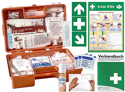 Verbandskoffer/Verbandskasten (K) Typ S - aktuelle DIN 131571 - Erste Hilfe für Betriebe - INKL. 90° ARR. –Komplettpaket mit VERBANDBUCH nach DSGVO- + Sprühpflaster + Aufkleber + Aushang