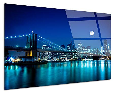 DECLINA Tableau Plexiglas Pont de Brooklyn Bleu - Impression Verre Acrylique Métropole Urbaine - Décoration Murale pour déco Maison, Cuisine, Salon, Chambre, Bureau - 100x60 cm
