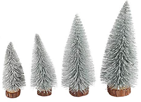 Árboles de Navidad RENRUIRUI- Escritorio Pequeño Base De Madera Invierno Blanco Nieve Frost Árbol De Agujas De Pino 4 Piezas Navidad Oficina En Casa Decoración De Escritorio