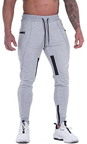 FIRSTGYM Mens Joggers Sweatpants Slim Fit Workout Training Thigh Mesh Gym Jogger Pants with Zipper Pockets Light Grey