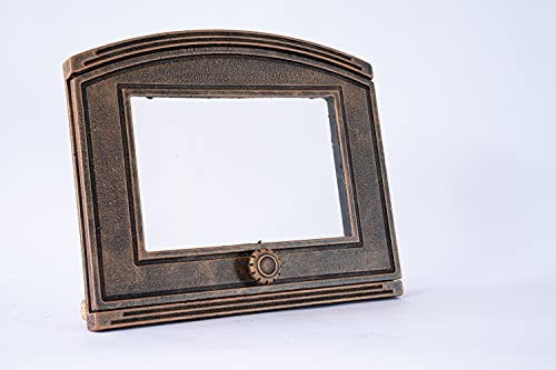 SEZAM Backofentür aus Gusseisen mit hitzebeständiger Glasscheibe, nach links öffnend, Pizzaofentür - Brotofen - Steinofentür, 37 x 6 x 31,5 cm - halbrund, kupferfarbene Bemalung