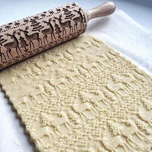 Mattarello Natale, Mattarello Legno Decorativo, Goffratura Mattarello, Mattarello Decorativo Natale per Pizza, Biscotti, Impasto (Alce)