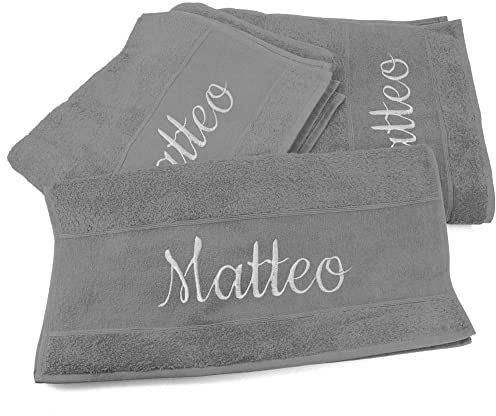 Handtücher 3er Set mit Namen oder Wunschtext bestickt - Farbe Hellgrau - 3 verschiedene Größen: 180 x 100 cm, 140 x 70 cm und 100 x 50 cm, personalisiertes Duschtuch - Badehandtuch, 100% Baumwolle