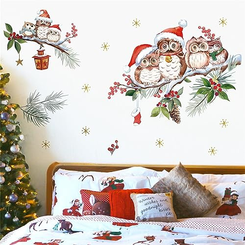 wondever Fensterbilder Weihnachten Eule Vögel Weihnachtsbaum Fenstersticker | Abziehen und Aufkleben, Repositionierbar, Wanddeko Weihnachten Selbstklebend für Weihnachtsfeier Wohnzimmer Winter Deko