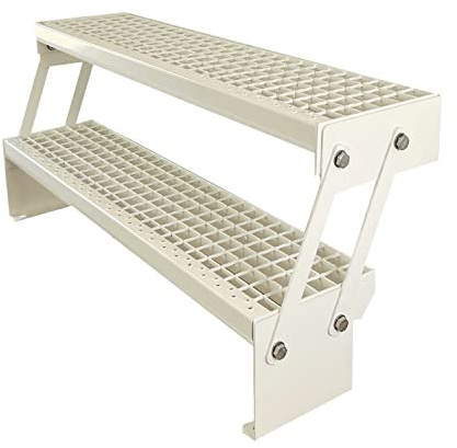 Kaminbau Mierzwa Premium Stahl Treppe Verstellbar Verzinkt & komplett Weiß Pulverbeschichtet 2 Stufen (Breite 140 cm) (Höhe 30-43 cm) Wetterfest Gitterroststufe Gartentreppe