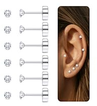 Diamday 6 paia di orecchini a cartilagine 20G per donne uomini ragazze 2-5mm Flat Back Earring Set 316L acciaio chirurgico Tragus CZ Small Helix Piercing Gioielli Ipoallergenici Argento(2MM)