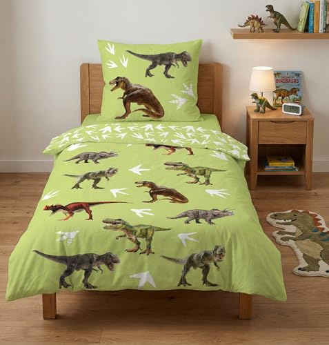 Juego de ropa de cama infantil, diseño de dinosaurios, 135 x 200 cm, 80 x 80 cm, juego de ropa de cama infantil con diseño de dinosaurios de algodón