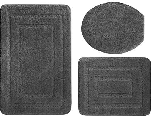 Euromat Badematte Badezimmerteppich Badteppich – rutschfest, Weich, Waschbar, Schnelltrocknend – Alor 3 TLG Set (Dunkelgrau)