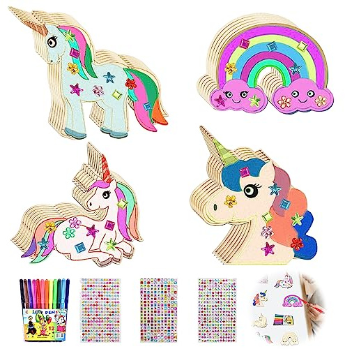 KOIROI Einhorn Holz Bastelset, 40 Stück Einhorn Basteln Holz Kinder | Einhörner zum Bemalen mit 12 Aquarellstiften und 3 Glitzeraufklebern, Mitgebsel Kindergeburtstag für DIY Basteln Malen