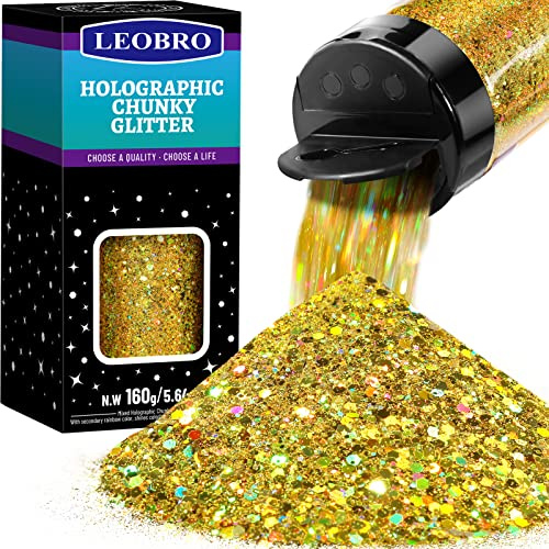 LEOBRO Holographischer Chunky Glitzer Gold Chunky Glitzer 160G Handwerk Glitter für Harz Festival Kosmetische Chunck Glitter Flocken Pailletten Weihnachten Glitter für Körper, Gesicht, Handwerk