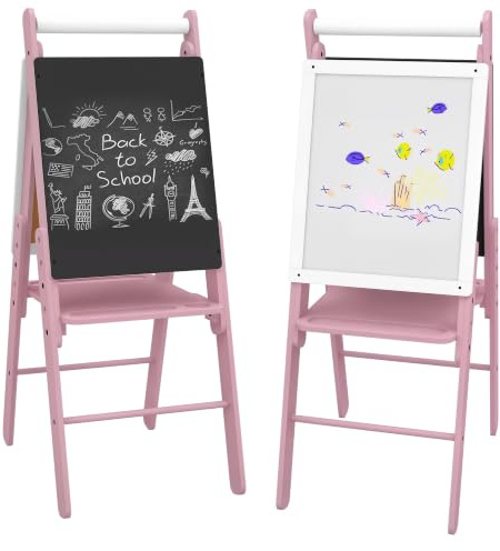 AIYAPLAY Kinder-Staffelei mit Papierrolle, 3-in-1-Kunststaffelei für Kleinkinder, höhenverstellbar, doppelseitig, Kinder-Whiteboard, Tafel für Kinder von 3–6 Jahren, Rosa