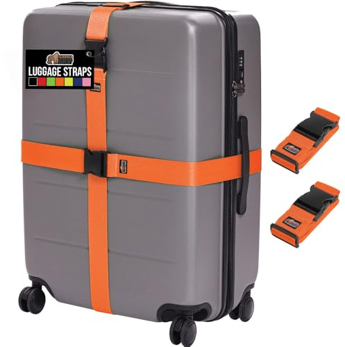 GORILLA GRIP Heavy Duty Adjustable Luggage Straps for Suitcases, Easy to Identify Travel Belt Connector Holds Suitcase Together, Extends Life of Bag, Strap Connects Two Bags, Accessories 2 Pack Orange