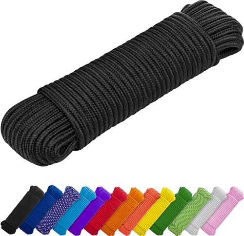 TECEUM Corde – 46M x 7mm – Noir – Corde Utilitaire Polyvalente Robuste – Camping, Artisanat, mât de Drapeau, intérieur et extérieur – légère tressée en Diamant en Nylon et polypropylène