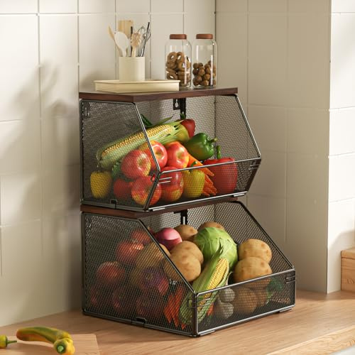Litwaro Stapelbarer Draht Obstkörbe mit Holzdeckel, Wandmontierter Produzentenorganisator für Obst, Gemüse, Zwiebeln und Kartoffellagerung, 7,1 W & 11,1 W Arbeitsplatte Küchenorganizer