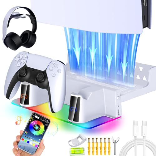 WAYCOM PS5 Wall Mount Kit with Charging Station RGB LED Light for Both PS5, New PS5 Pro and PS5 Slim Consoles Disc & Digital, Fast Dual Controller Chargers, Steel Wall Stand, and Headphone Hanger