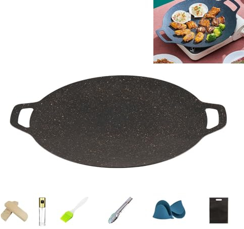 Mocoli Piastra Grill, 38cm Bistecchiera Rotonda Rivestimento Antiaderente, Padella Rotonda, Bistecchiera Coreana Per Barbecue Portatile Con Manico Per Cucine A Gas, Induzione