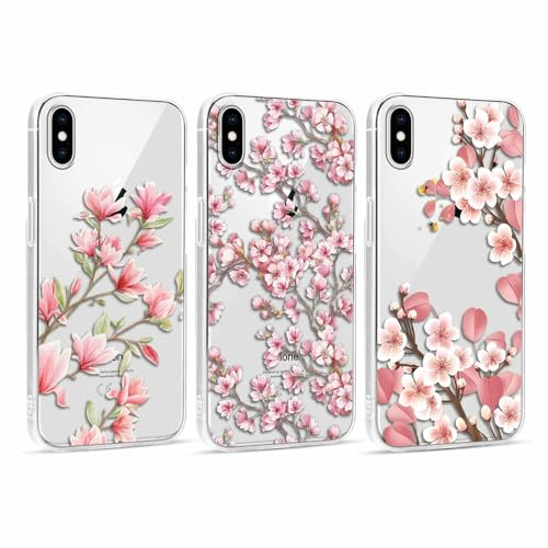 Foonary 3 Pièces Transparente Coque pour Apple iPhone XS Max 6,5, Fille Femme Étui Aesthetic Fleur Motif Dessin Housse, Souple Silicone Cover Antichoc Protection Case pour iPhone XS Max, Fleur 02