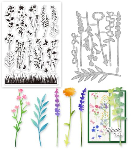GLOBLELAND Wildblumenwiesen Silhouette, Transparente Stempel Und Stanzformen, Silikon Stempelkarten Und Metall Stanzungen Für Die Kartengestaltung Und DIY Prägungen, Scrapbooking
