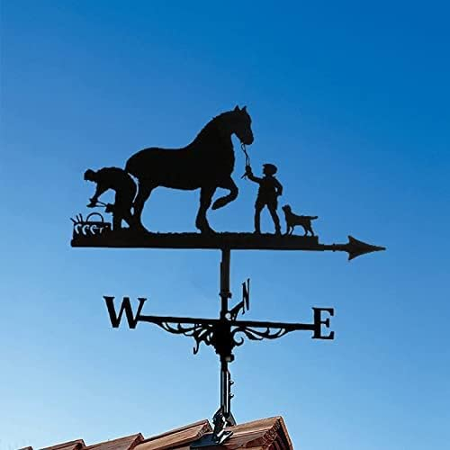 HPTHLY Windfahne, Hofdekoration, Bauer und Pferd, Wetterfahne, Schwarze Gartenhalterung, Hofdekoration, professionelle Messwerkzeuge, Bauernhof, Retro-Garten, Hof, Dachhalterung