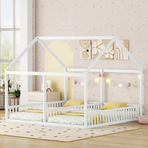 Kinderbett Bodenbett 180x200 cm für 2 Kinder, 2-in-1 Einzelbetten Hausbett 90x200 cm mit Rausfallschutz & Lattenrost, Holzbett Bettgestell Geschwister Bett Bodentief, Kiefernholz, Ohne Matratze, Weiß