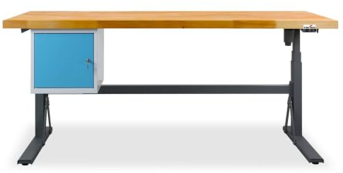 Steinbock Werkbank elektr. höhenverstellbar + Container | 200x75 cm | 350kg | Arbeitshöhe 70-117 cm | 5 cm lasierte Massivholz-Arbeitsplatte aus Buche| stabiles Stahlgestell | Werktisch | Arbeitstisch