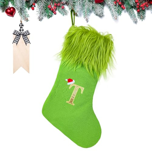 Weihnachtsstrumpf Personalisiert Großer Nikolausstrumpf mit Buchstaben 45cm Ginch grün Plüsch Hängender Weihnachtsmann mit Namensschild Ornamente Weihnachtsdekorationen für Weihnachtsbaum und Heim (T)