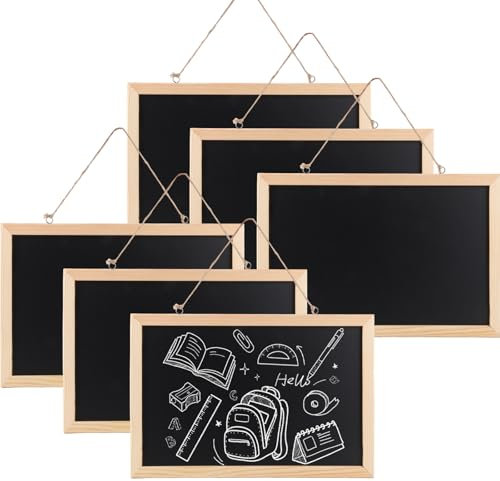 SHUESS 6 Pack A4 Hanging Chalk Board with String - 20 x 30cm Chalk Board for Wall - Black Board with Wooden Frame - Kitchen Blackboard Notice Board for Wedding Birthday Bar Buffet Party