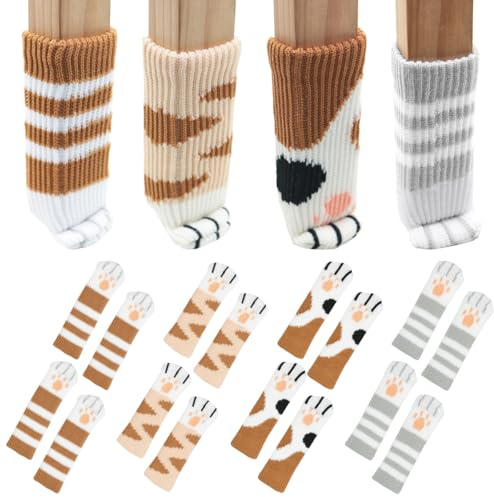 16 Pezzi Calzini Sedia Gatto, 11 x 3.5 cm, Poliestere, Lavorato Maglia | 4 Tipi, Elastici, Protezioni Gambe Sedia, Antiscivolo Addensati, Per Tavolo Scrivania Divano