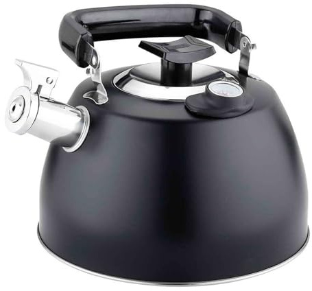 Bouilloire à thé de 3,5 l avec thermomètre, théière en acier inoxydable 304 avec poignée pliable anti-chaleur, théière sifflante pour toutes les sources de chaleur (noir)