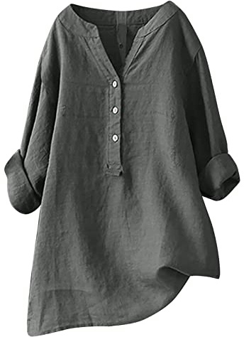 Blusa de lino para mujer, manga larga, muselina, elegante, con botones, túnica, monocolor, manga larga, algodón y lino, tallas grandes, para primavera, transpirable, verano, gris, S
