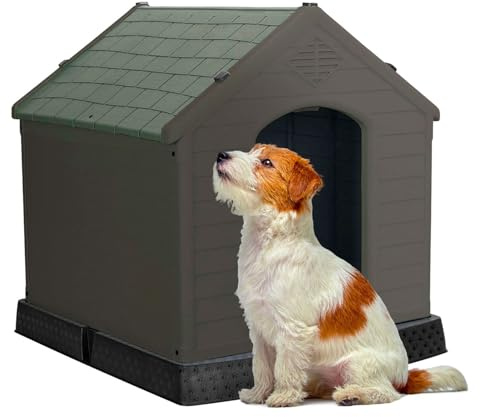 Aqpet Hundehütte aus wasserdichtem Kunststoff – Verwendung im Innen- und Außenbereich, mit erhöhtem Boden, robust und geräumig – geeignet für mittelgroße Hunde 87 x 78 x 81 cm, Farbe Braun