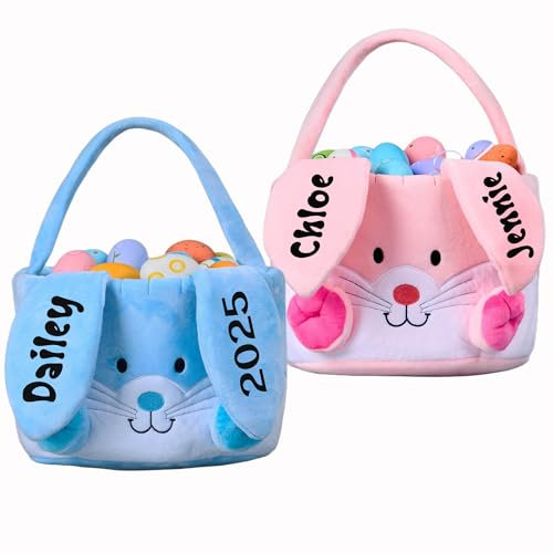 Thinocusty Personalisierter Osterkorb – Baumwolle Pelziger Osterhasenkorb mit Namen, Ostereiersuche-Eimer, niedlicher Hasenkorb für Ostereier, Süßigkeiten, Geschenk Blau Pink