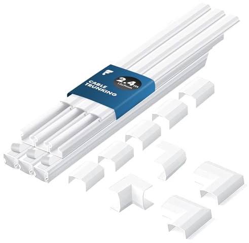 shinfly 2.4m Cable Trunking Kit Self Adhesive – Mini Trunking for Electric Cables, Cable Cover for Cord, Cable Management Wall Raceway – Wire Tidy Concealer Duct for TV – White 15 mm x 9 mm