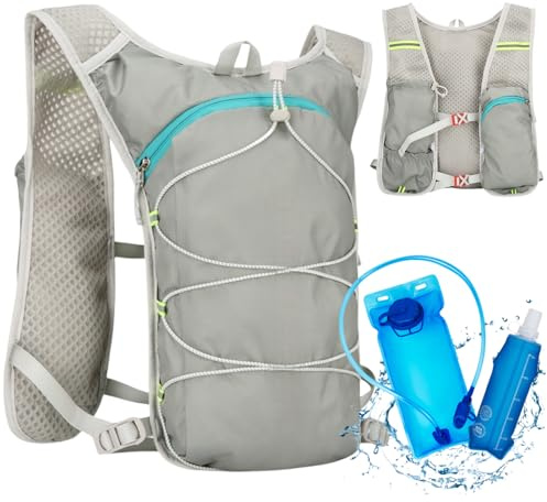 Zaino Idratazione Running per Uomo e Donna, Zaino da Corsa Riflettente Traspirante Regolabile con Vescica D'Acqua da 1,5L e una Borraccia Morbida 500ml per Trekking Escursionismo Maratona(Grigio)