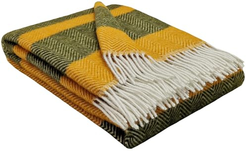 STTS International Wolldecke 100% Schurwolle Wohndecke 140 x 200 cm Tagesdecke Schurwolldecke Woll-Plaid Tirol M/V in vielen Farben erhältlich (Senf-Olive (M))