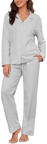 U2SKIIN Schlafanzug Damen Pyjama lang 100% Baumwolle Hellgrau L