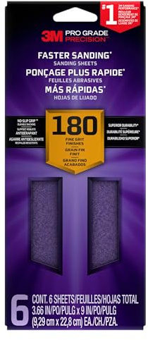 3M Hojas de lijado de precisión de grado profesional con agarre antideslizante, 3-2/3 x 9 pulgadas, grano 180, paquete de 6 (SHTR180-PGP-6T)