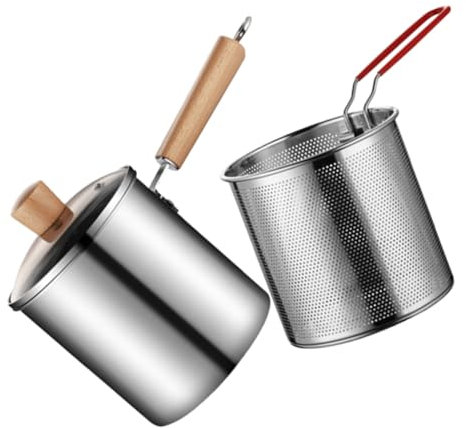 VALICLUD Friteuse Inoxydable Avec Panier Et Manche Bois Poêle à Frire Profonde Résistante Haute Température Compatible Plaque à Induction Poêle Et Casserole Pour Cuisine Maison Et