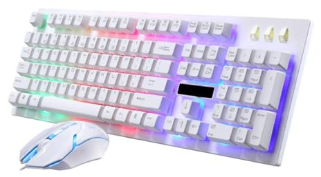 Ensemble Clavier et Souris Filaires Mécaniques 104 Touches 1 Set | USB Lumineux, Plastique Blanc Résistant, Design sans Conflit, pour Maison et Bureau, Gamer
