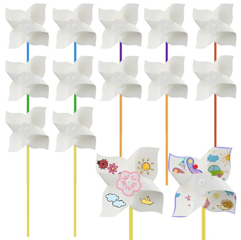 Cosysparks Windrad Kinder,12 Stück Diy Papier Spielzeug Windmühlen Neuheit Weiße Farbe Ihre Eigene Windmühle Kits für Jungen Mädchen Sommeraktivitäten Garten Kunst Handwerk Party